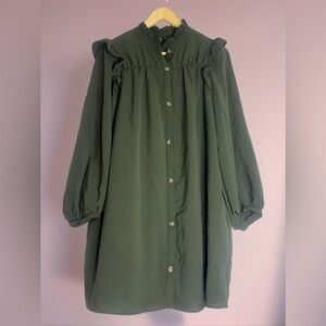 Zara Green Ruffle Trim Button Down Dress
